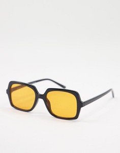 Квадратные солнцезащитные очки в черной скошенной оправе с оранжевыми линзами ASOS DESIGN Recycled-Черный цвет