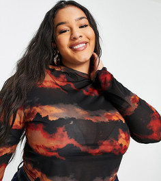 Разноцветный сетчатый кроп-топ с длинными рукавами и принтом темных облаков COLLUSION