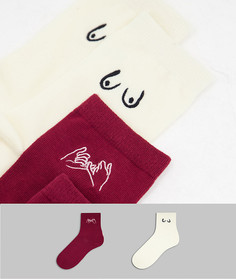 Набор из 2 пар носков винного и кремового цвета из органического хлопка с вышивкой Monki Polly-Белый