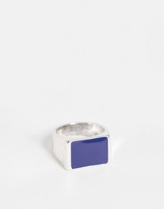 Серебристое кольцо-печатка с эмалированной вставкой темно-синего цвета DesignB-Серебряный