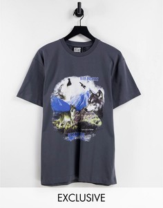 Темно-серая свободная футболка из органического хлопка в стиле унисекс с графическим принтом волка Reclaimed Vintage Inspired-Серый