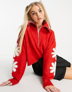 Красный укороченный джемпер на короткой молнии с цветами Topshop