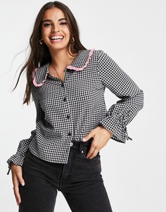 Монохромная рубашка в мелкую клетку с контрастным воротником Topshop-Черный цвет