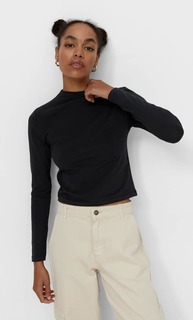 Stradivarius Футболка Из Мягкой Ткани С Воротником-Стойкой Черный Xs