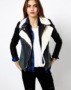 Джинсовая куртка с подкладкой из искусственного меха River Island-Голубой