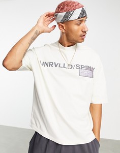 Бежевая oversized-футболка из плотного трикотажа с принтом логотипа на груди и спине и с нашивкой ASOS Unrvlld Spply-Светло-бежевый цвет