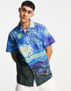 Свободная рубашка с отложным воротником с принтом картины Ван Гога ASOS DESIGN-Голубой