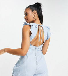 Синий ромпер из ткани шамбре с открытой спиной и оборками Missguided-Голубой
