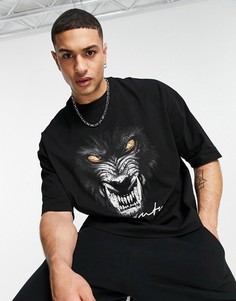 Черная выбеленная футболка в стиле oversized с графическим принтом волка на спине ASOS Dark Future-Черный цвет