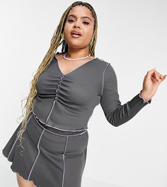 Кроп-топ в рубчик с длинными рукавами и наружными швами ASOS DESIGN Curve-Фиолетовый цвет