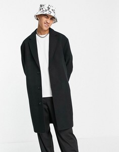 Черное длинное пальто свободного кроя из материала с добавлением шерсти ASOS DESIGN-Черный цвет