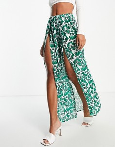 Пляжная юбка макси с разрезом спереди и тропическим принтом Unique21-Зеленый цвет