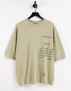 Oversized-футболка нейтрального цвета из плотного трикотажа с принтами ASOS Dark Future-Светло-бежевый цвет