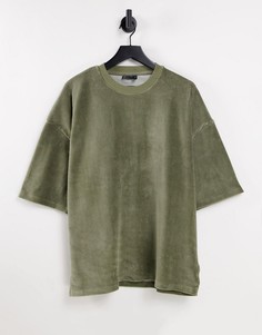 Футболка в стиле oversized из велюра в рубчик цвета хаки ASOS DESIGN-Зеленый цвет