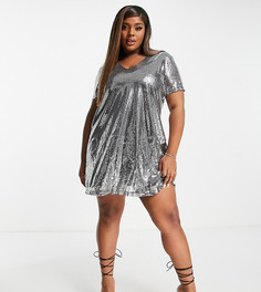 Эксклюзивное платье-футболка мини серебристого цвета с пайетками In The Style Plus-Серебряный