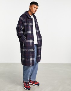 Темно-синее пальто в клетку с добавлением шерсти ASOS DESIGN-Темно-синий
