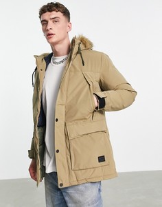 Бежевая парка с капюшоном с отделкой искусственным мехом Jack & Jones Originals-Светло-бежевый цвет