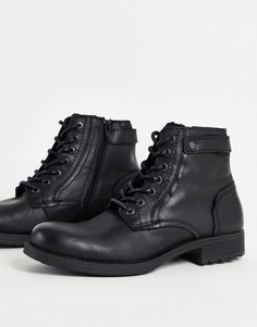 Черные кожаные высокие ботинки на шнуровке и с ремешком Jack & Jones-Черный цвет