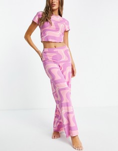 Розовый пижамный комплект с широкими брюками и футболкой с принтом волн ASOS DESIGN-Разноцветный