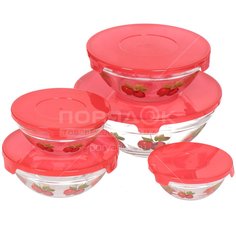 Салатник стекло, круглый, 5 шт, 9,10.3,12.5,14,17 см, с крышкой, Яблоки, Daniks, GB1401/TH-1, красный