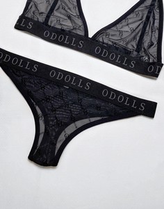 Черные стринги из полупрозрачной ткани с логотипом The ODolls Collection-Черный цвет