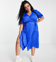 Синее атласное платье миди с запахом и завязкой сбоку Vero Moda Curve-Голубой