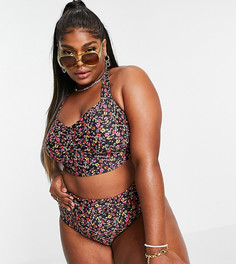 Эксклюзивный черный бикини-топ с завязкой на шее и мелким цветочным принтом Vero Moda Curve-Multi