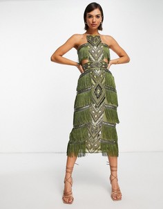 Зеленое декорированное платье-футляр с высоким воротником и бахромой ASOS DESIGN-Зеленый цвет