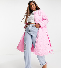 Ярко-розовая стеганая удлиненная куртка с поясом Pieces Curve-Розовый цвет