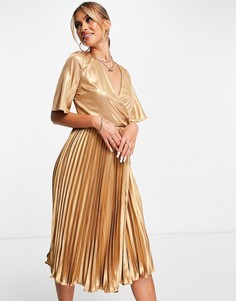 Атласное плиссированное платье миди золотистого цвета TFNC-Золотистый