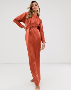 Атласное платье макси рыжего цвета с рукавами «летучая мышь» и запахом на талии ASOS DESIGN-Оранжевый цвет