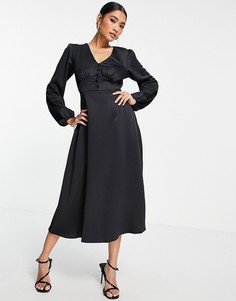 Черное атласное платье миди на пуговицах Flounce London-Черный цвет