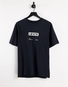 Черная футболка свободного кроя с фирменной надписью в квадрате по центру Levis-Черный цвет