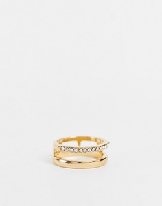Золотистое кольцо с параллельным дизайном и мозаичной отделкой DesignB London Curve-Золотистый