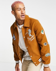 Коричневая университетская куртка с добавлением шерсти и отделкой нашивками ASOS DESIGN-Коричневый цвет