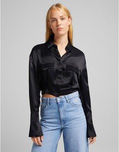 Черная укороченная атласная рубашка Bershka-Черный цвет