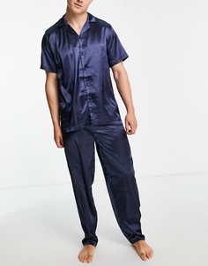 Синий атласный пижамный комплект из рубашки и брюк ASOS DESIGN-Голубой