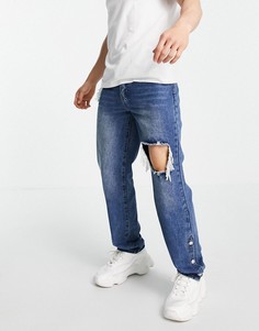 Свободные джинсы винтажного синего цвета со рваной отделкой и кнопками по краю Mennace-Голубой