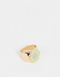 Кольцо с эмалевой ромашкой мятно-зеленого цвета Vintage Supply-Золотистый