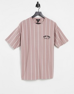 Розовая футболка в вертикальную полоску с вышитой надписью "New York" New Look-Розовый цвет