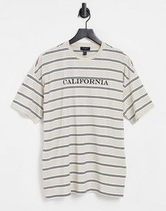 Светло-бежевая полосатая футболка с вышитой надписью "California" New Look-Нейтральный