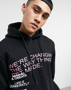 Черный худи с принтом на груди и спине Bershka-Черный цвет