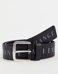 Черный кожаный ремень со сплошным принтом логотипа Armani Exchange-Черный цвет