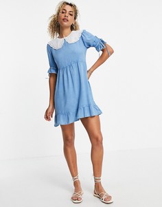 Платье мини из ткани «шамбре» с воротником с вышивкой ришелье Violet Romance-Голубой