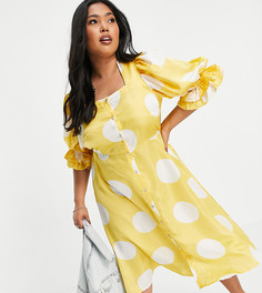 Желтое платье миди с пышными рукавами и крупным принтом в горошек Vero Moda Curve-Multi