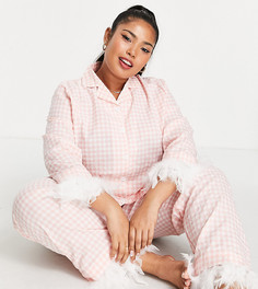 Длинный пижамный комплект со съемной отделкой из искусственных перьев в клетку белого и розового цветов Night Plus-Розовый цвет