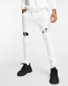 Белые зауженные джинсы с разрезами и заплатками с принтом тай-дай черного цвета Sixth June-Белый