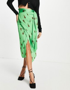 Зеленая атласная юбка миди с запахом и сплошным принтом в виде ананасов (от комплекта) Never Fully Dressed-Зеленый цвет