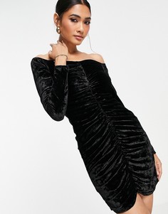 Черное вельветовое платье мини с открытыми плечами и длинными рукавами Flounce London-Черный цвет