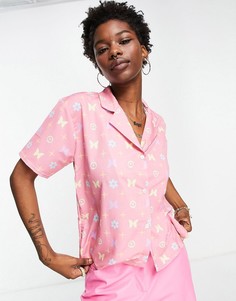 Свободная oversized-рубашка с принтом монограмм (от комплекта) New Girl Order-Розовый цвет